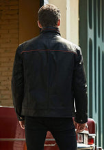 Load image into Gallery viewer, Men&#39;s Black Leather Jacket With Red Stripes
