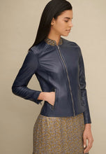 Load image into Gallery viewer, Women&#39;s Blue Leather Jacket Crew Neck
