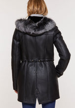Load image into Gallery viewer, Women’s Black Leather Gray Shearling Hood Long Coat
