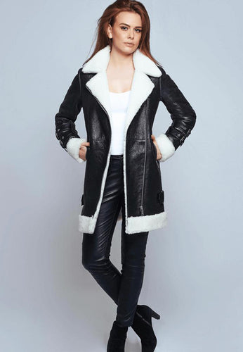 Women’s Black Leather White Shearling Long Coat