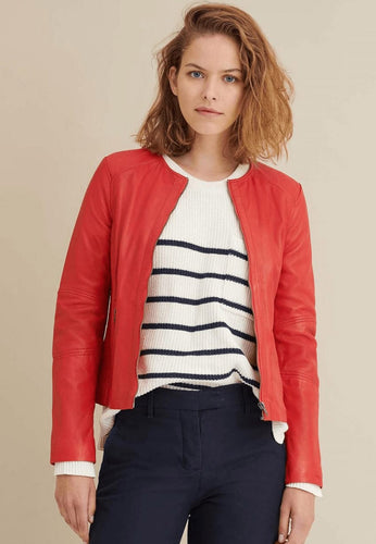 Women's Red Leather Jacket with Crew Neck