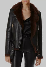 Load image into Gallery viewer, Women&#39;s Black Shearling Leather Jacket
