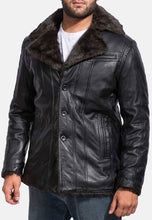 Load image into Gallery viewer, men black leather shearling jackets
