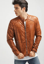 Load image into Gallery viewer, Men’s Camel Brown Leather Biker Jacket

