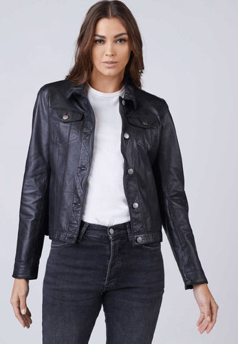 Women's Black Leather Trucker Jacket