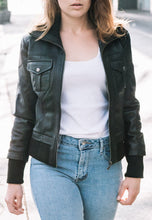 Load image into Gallery viewer, Women&#39;s Black Leather Collared Bomber Jacket
