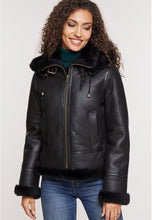 Load image into Gallery viewer, Women’s Black Leather Removable Hood Shearling Jacket

