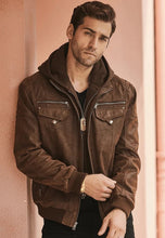 Load image into Gallery viewer, Men&#39;s Crunch Brown Leather Bomber Jacket Removable Hood
