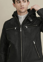 Load image into Gallery viewer, Men’s Black Leather Jacket Removable Hood
