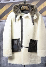 Load image into Gallery viewer, Men’s Black Leather White Shearling Removable Hooded Long Coat
