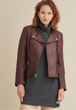 Load image into Gallery viewer, Women’s Maroon Leather Biker Jacket

