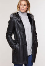 Load image into Gallery viewer, Women’s Black Leather Gray Shearling Hood Long Coat
