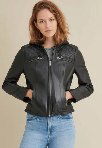 Women's Hooded Black Leather Biker Jacket