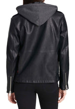 Load image into Gallery viewer, Women&#39;s Black Leather Hooded Biker Jacket
