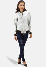 Load image into Gallery viewer, Women&#39;s White Leather Bomber Jacket
