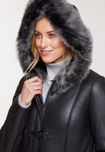 Load image into Gallery viewer, Women’s Black Leather Gray Shearling Hood Long Coat
