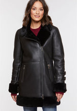 Load image into Gallery viewer, Women’s Black Leather Shearling Long Coat
