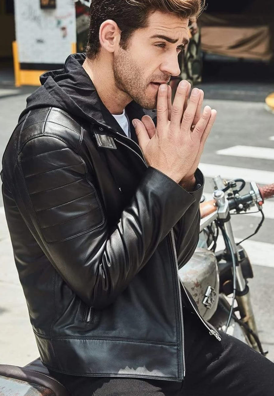 Men s Black Leather Biker Jacket Leather Jacket with Hood