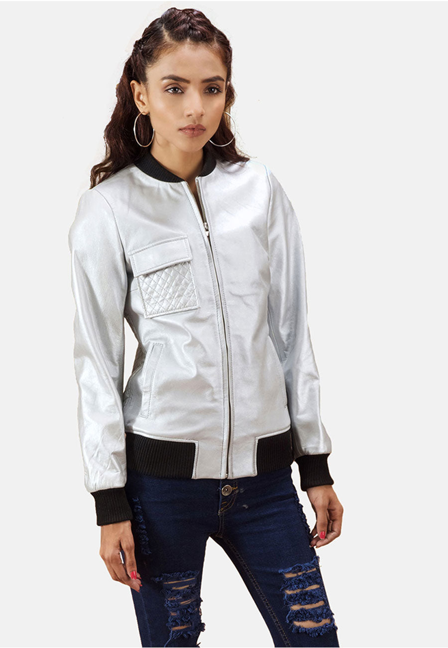 Women's White Leather Bomber Jacket