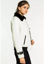 Load image into Gallery viewer, Women’s White Leather Black Collar Shearling Jacket
