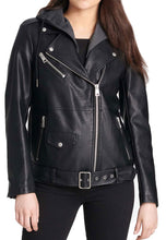 Load image into Gallery viewer, Women&#39;s Black Leather Hooded Biker Jacket
