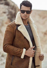 Load image into Gallery viewer, Men’s Camel Brown Leather Shearling Long Coat
