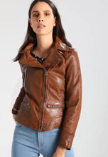 Load image into Gallery viewer, Women’s Brown Leather Biker Jacket
