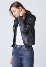 Load image into Gallery viewer, Women&#39;s Black Leather Jacket Removable Hood
