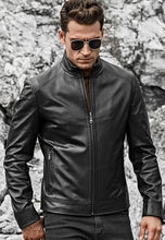 Load image into Gallery viewer, Men&#39;s Black Leather Jacket Ban Collar
