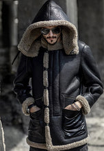 Load image into Gallery viewer, Men’s B7 Black Shearling Camouflage Hooded Long Coat
