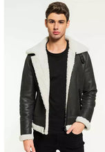 Load image into Gallery viewer, Men’s Black Leather White Shearling Jacket
