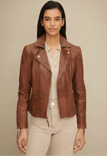 Load image into Gallery viewer, Women&#39;s Tan Brown Leather biker jacket
