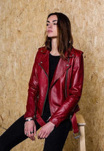 Load image into Gallery viewer, Women&#39;s Dark Red Leather Biker Jacket
