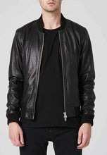 Load image into Gallery viewer, Men&#39;s Black Leather Bomber Jacket Double Zipper
