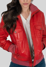 Load image into Gallery viewer, Women&#39;s Red Leather Bomber Jacket
