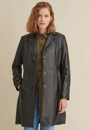 Women’s Classic Black Leather Long Trench Coat