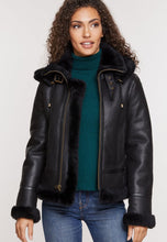 Load image into Gallery viewer, Women&#39;s Black Leather Shearling Jacket with Removable Hood
