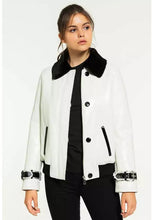 Load image into Gallery viewer, Women&#39;s White Leather Shearling Jacket with Black Collar
