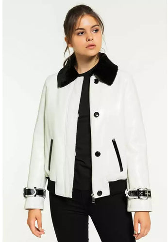 Women's White Leather Shearling Jacket with Black Collar