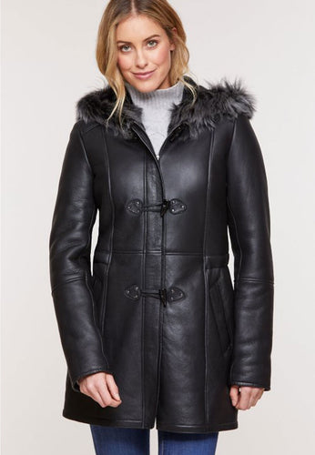 Women’s Black Leather Gray Shearling Hood Long Coat