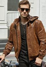Load image into Gallery viewer, Men’s Tan Brown Leather Bomber Jacket Removable Hood
