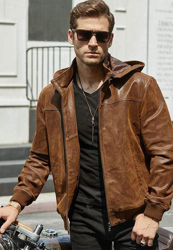 Men’s Tan Brown Leather Bomber Jacket Removable Hood