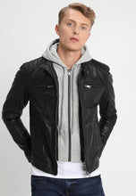 Load image into Gallery viewer, Men&#39;s Black Leather Removable Gray Hood Biker Jacket
