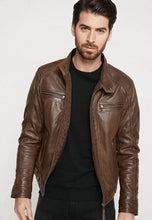 Load image into Gallery viewer, Men&#39;s Chocolate Brown Leather Jacket Removable Hood
