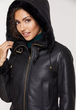 Load image into Gallery viewer, Women’s Black Leather Removable Hood Shearling Jacket
