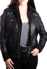 Load image into Gallery viewer, Women&#39;s Black Leather Removable Hooded Bomber Jacket
