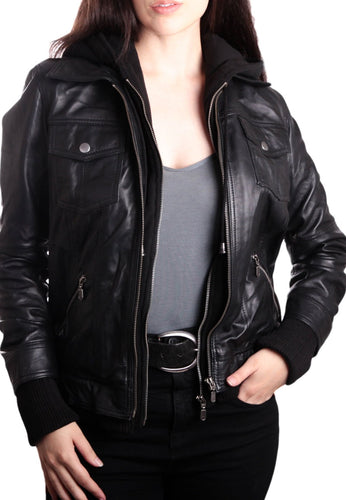 Women's Black Leather Removable Hooded Bomber Jacket