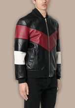 Load image into Gallery viewer, Men&#39;s Black Leather Red White Stripe Bomber Jacket
