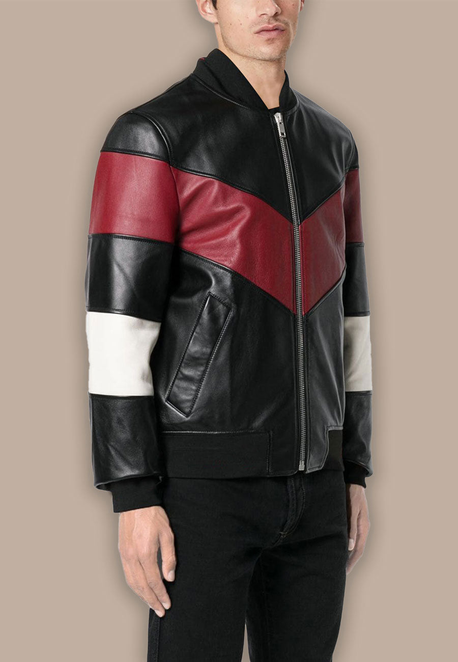 Men's Black Leather Red White Stripe Bomber Jacket