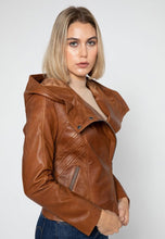 Load image into Gallery viewer, Women&#39;s Tan Brown Leather Hooded Biker Jacket
